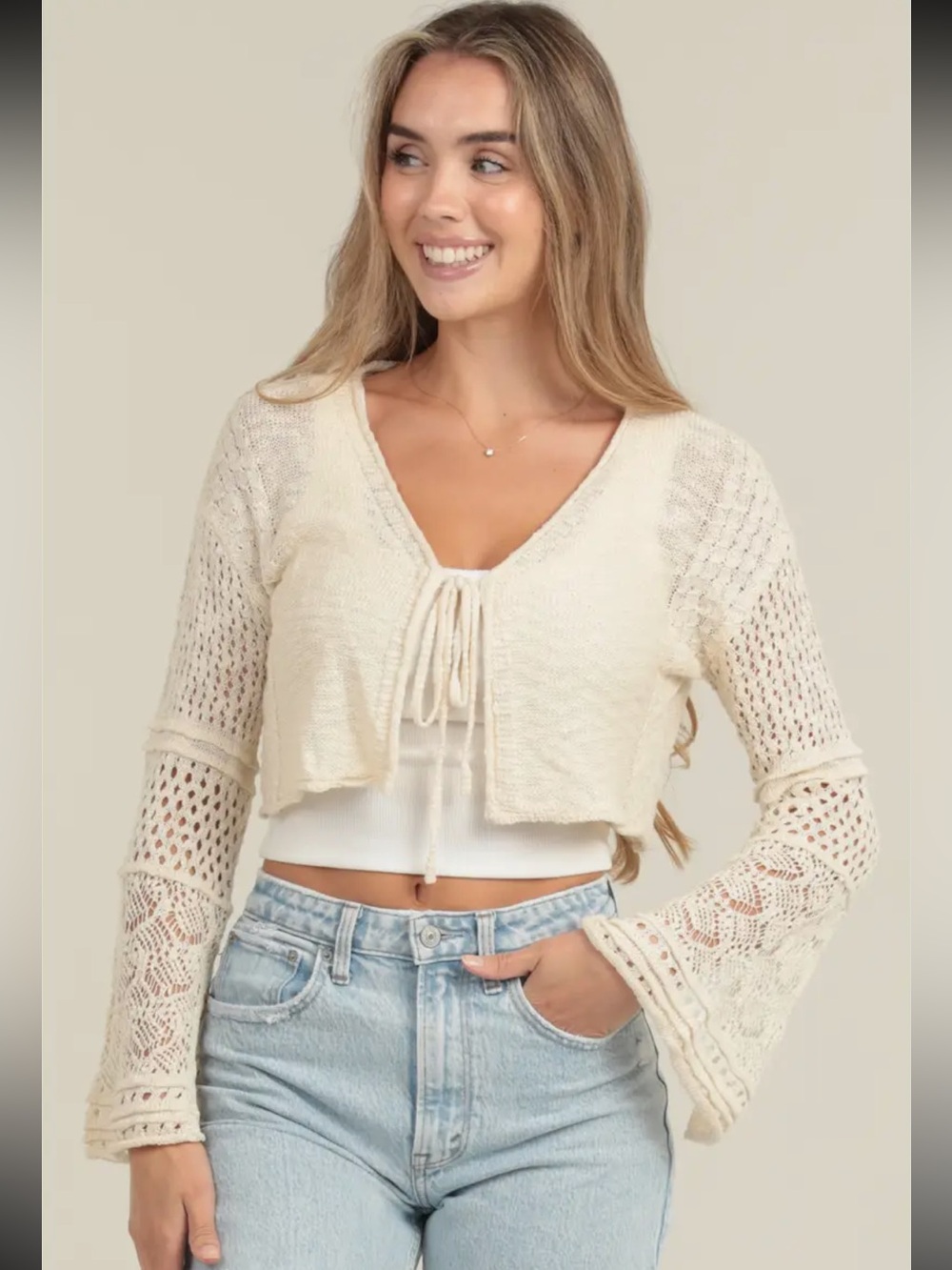 Angie Cream Crochet Tie-Front Cropped Shrug